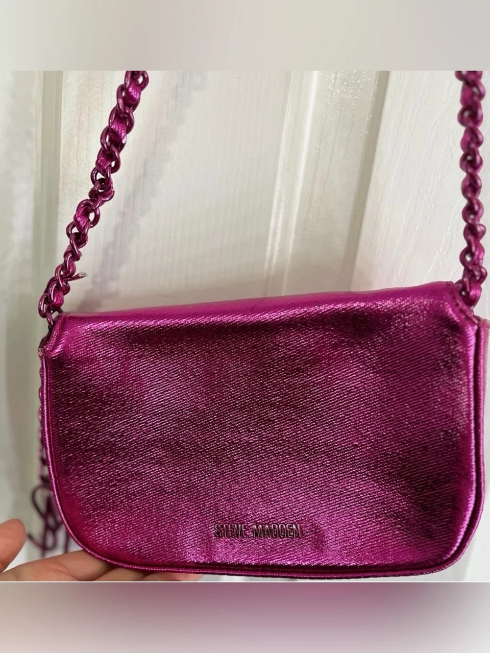 Steve Madden Metallic Fuchsia Crossbody Bag with flower Detail